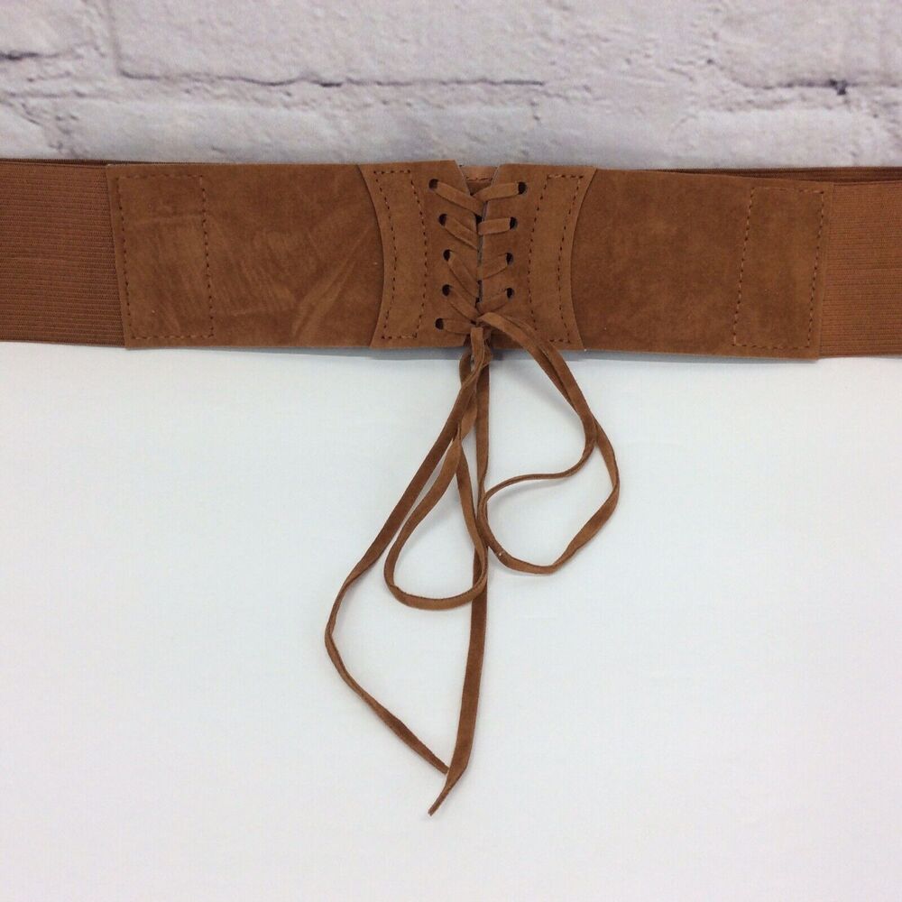Corset Belt Faux Leather Suede Women's Size XL Brown Lace Up Snap Boho Stretch